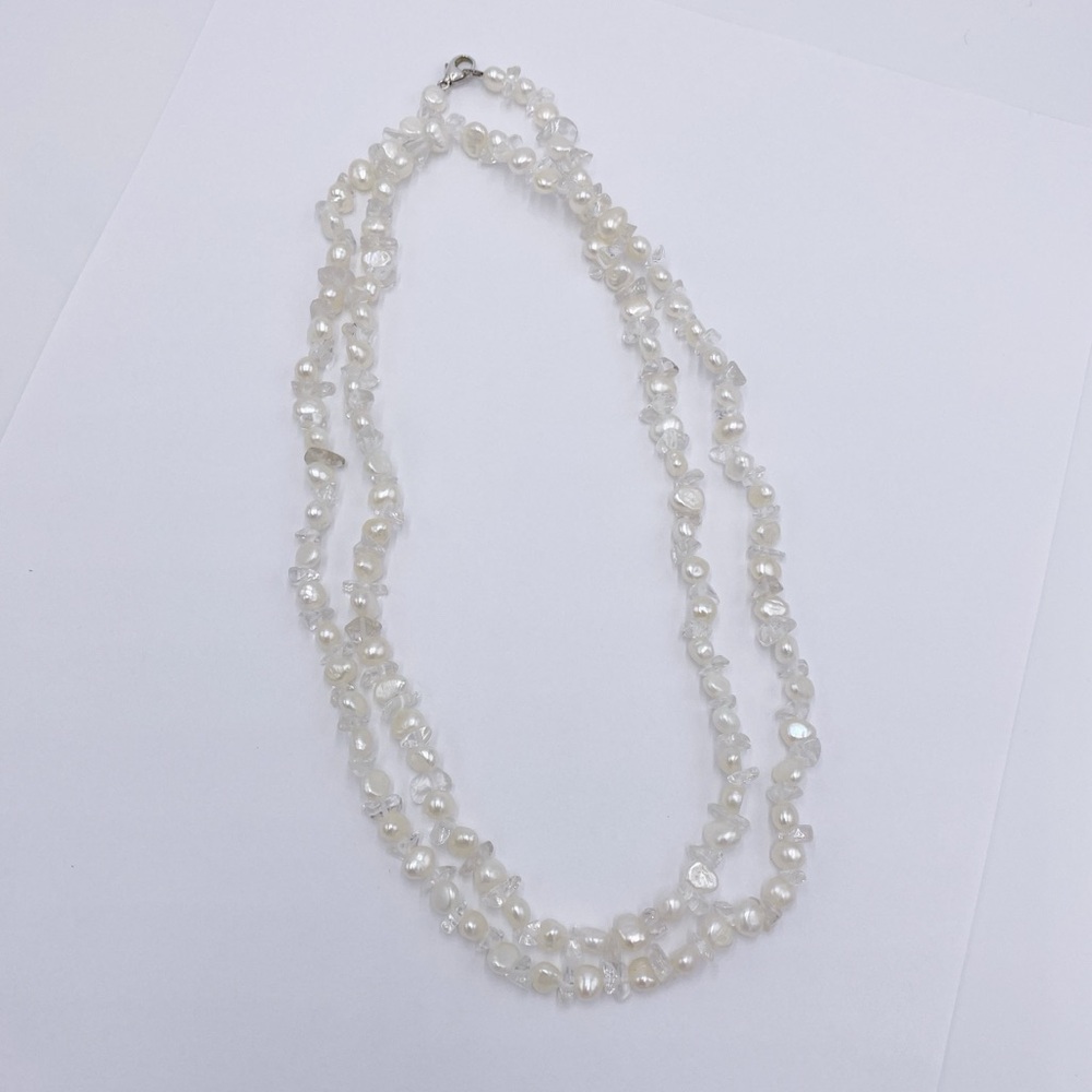 Freshwater Pearl & Crystal Chip Long Necklace with A Sterling Silver Clasp